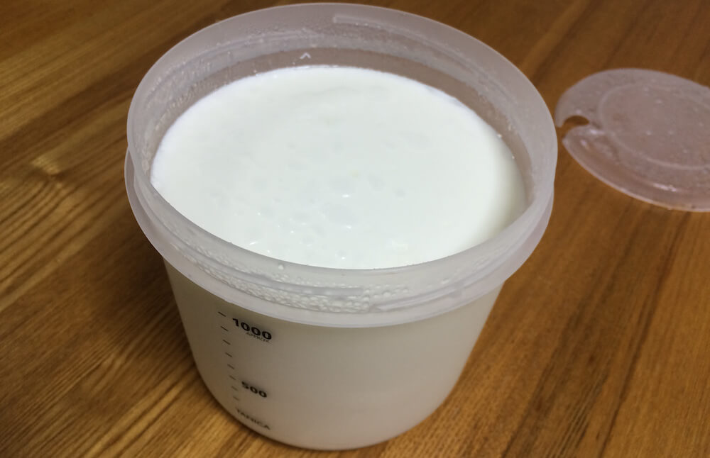 作った固形ビフィズス菌ヨーグルトと牛乳を混ぜる